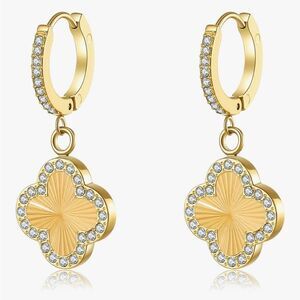 18K Gold Clover Hoop Earrings Lucky Drop Huggie Earrings Four Leaf Clover Charm